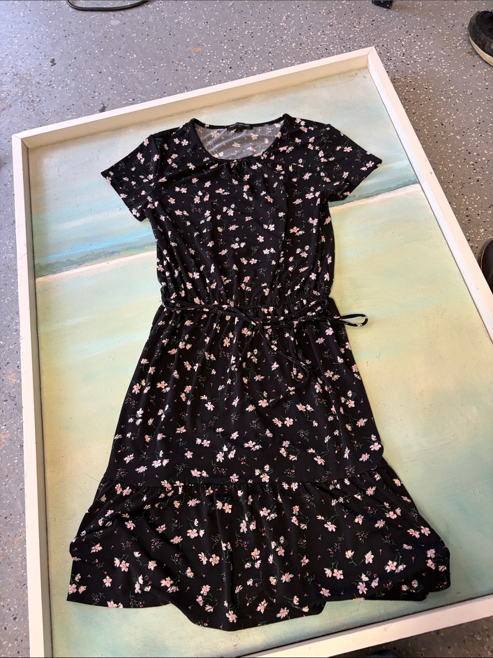 Banana Republic Black Floral Tie-Waist Midi Dress